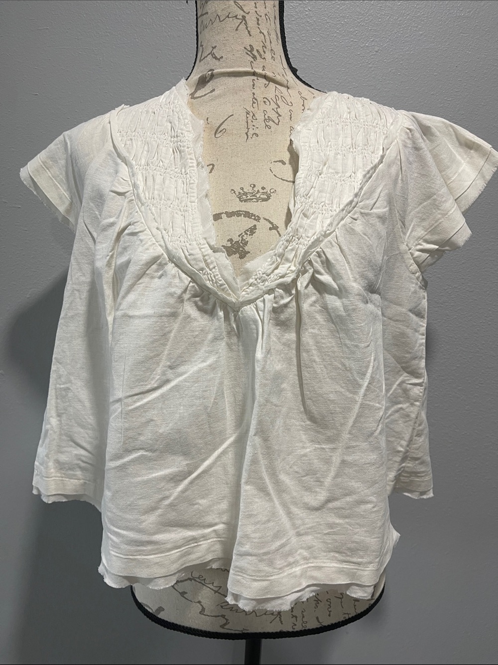 Anthropologie Women's White V-Neck Smocked Cotton Top